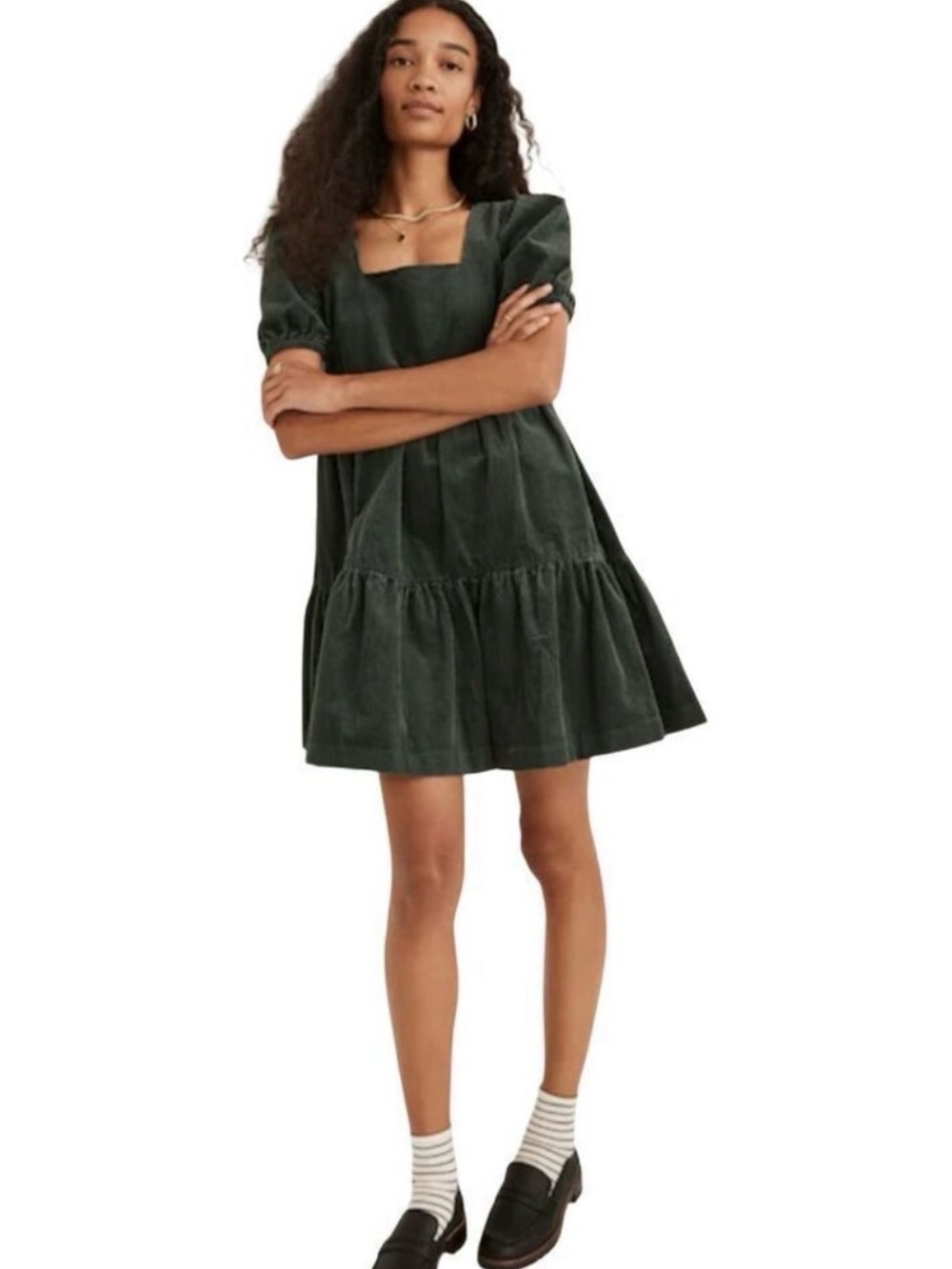 Madewell Green Corduroy Tiered Puff Sleeve Mini Dress